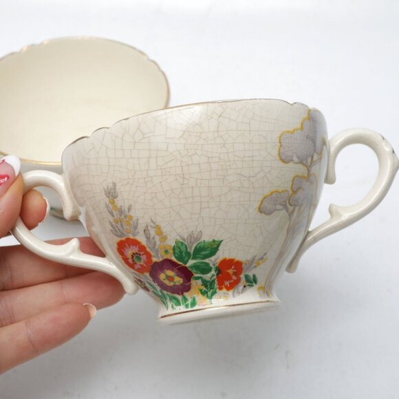 Vintage Royal Cauldon Floral Footed Bullion Cups Double Handles Cream Red Gold - Picture 3 of 7